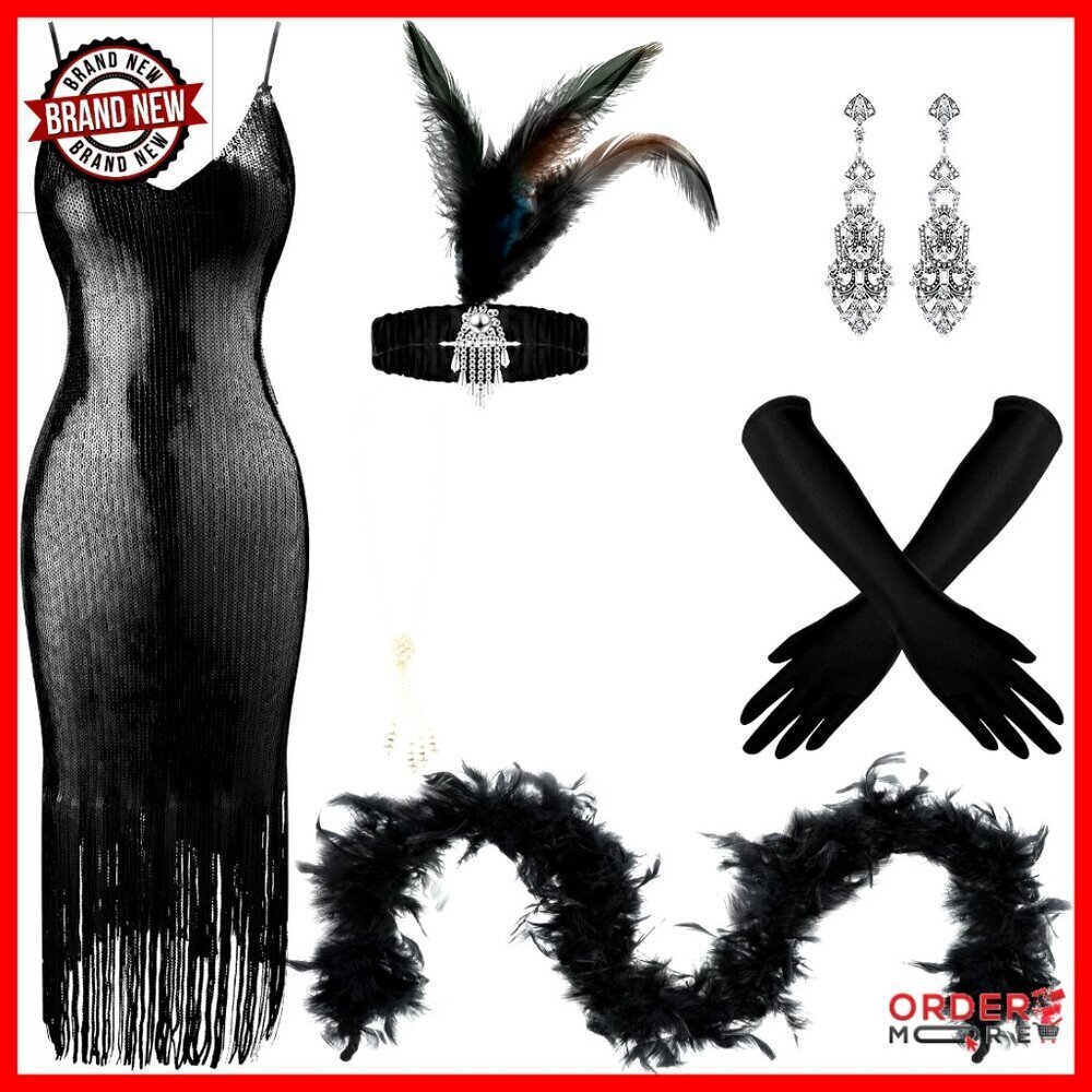 1920s Flapper Costume Set with Sequin Dress, Accessories, and Feather Boa